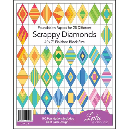 Scrappy Diamonds foundation paper piecing pad with colorful diamond block designs and 100 foundations.