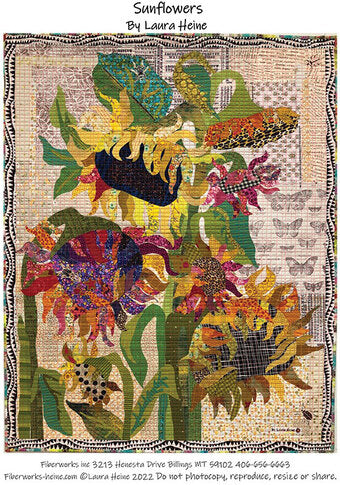 Sunflowers collage pattern with multicolor floral mosaic and fringed border