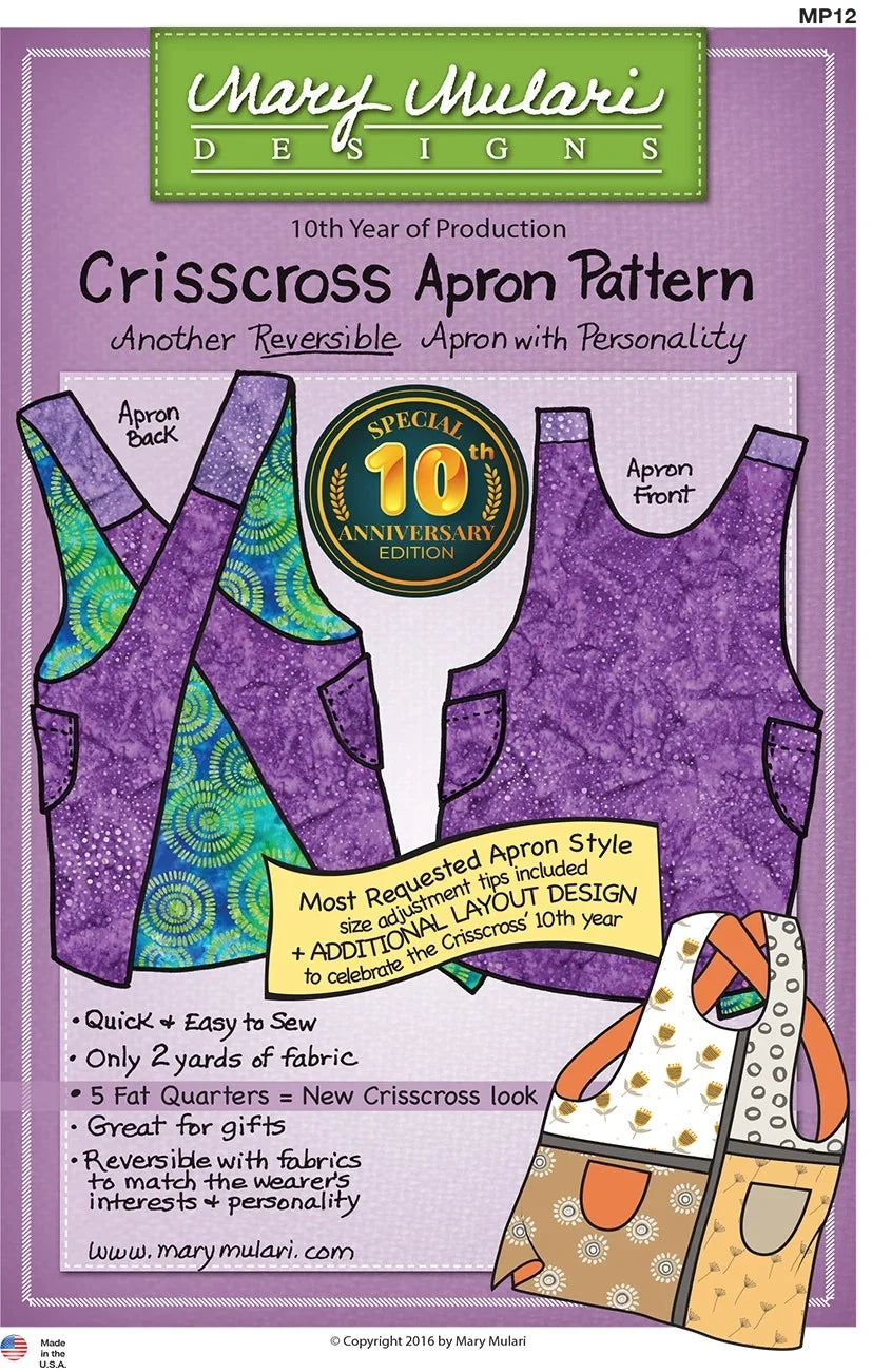 Crisscross apron pattern for a reversible apron, shown in purple and teal