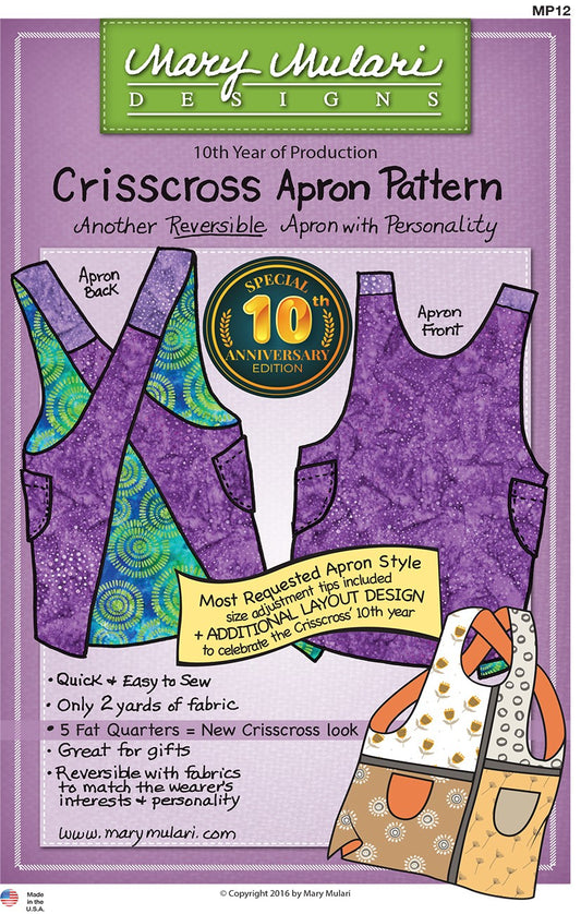 Crisscross apron pattern for a reversible apron, shown in purple and teal