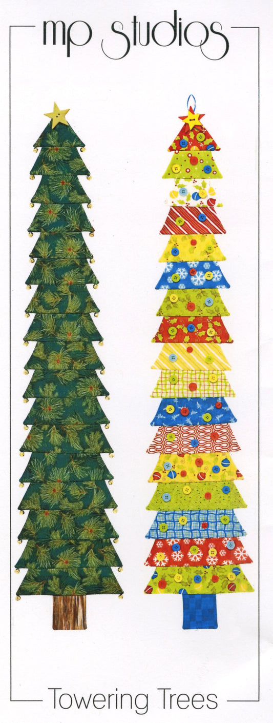 Towering Trees quilt pattern with two illustrated patchwork Christmas trees, star tops