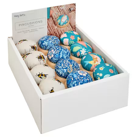 Fabric Pincushions with Wood Base - Bee, Bird, Floral Woodblock # MRPINCDB from HTL