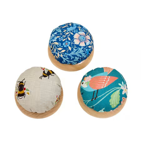 Fabric Pincushions with Wood Base - Bee, Bird, Floral Woodblock # MRPINCDB from HTL