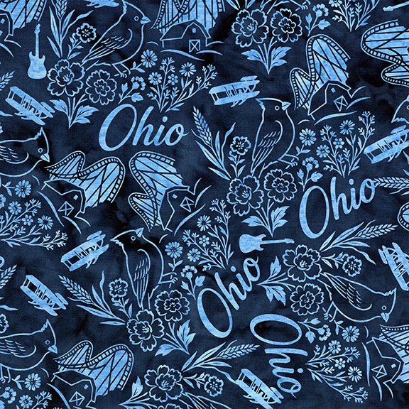 2026 All Ohio Shop Hop Fabric - Ohio Symbols Blue Navy SH200-585 from Island Batik 2026AOSH