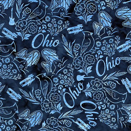 PRESALE ONLY - 2026 All Ohio Shop Hop Fabric - Ohio Symbols Blue Navy SH200-585 from Island Batik 2026AOSH