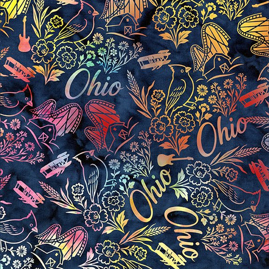 PRESALE ONLY - 2026 All Ohio Shop Hop Fabric - Ohio Symbols Multi Blue Rainbow SH200-841 from Island Batik 2026AOSH