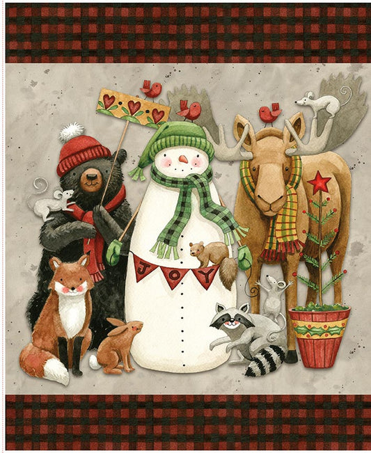Christmas quilt panel featuring snowman, woodland animals, and plaid accents in red and green