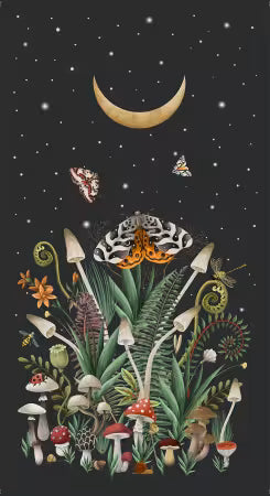 Dear Stella moth and mushroom multi-panel fabric print with moon, stars, foliage and mushrooms