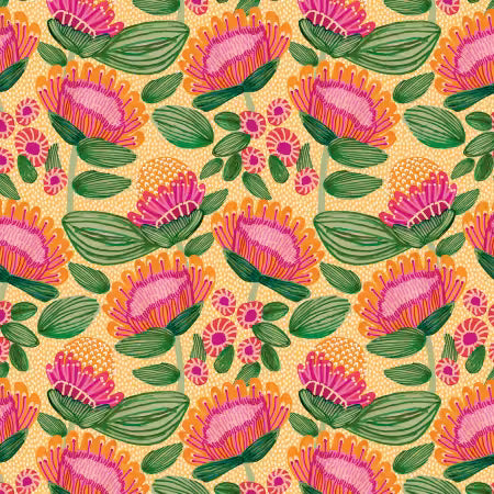 Paradise Blooms Playful Proteas Apricot # PWKI001-APRICOT by Kristen Katz for FreeSpirit Fabrics