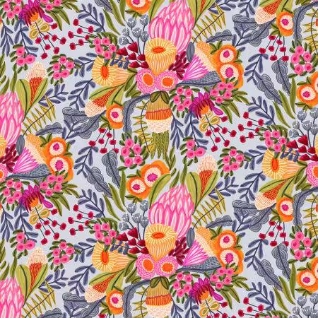 Paradise Blooms Wild Blooms Silver # PWKI003-SILVER by Kristen Katz for FreeSpirit Fabrics