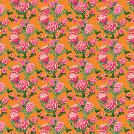 Paradise Blooms Cascading Proteas Tangerine # PWKI008-TANGERINE by Kristen Katz for FreeSpirit Fabrics