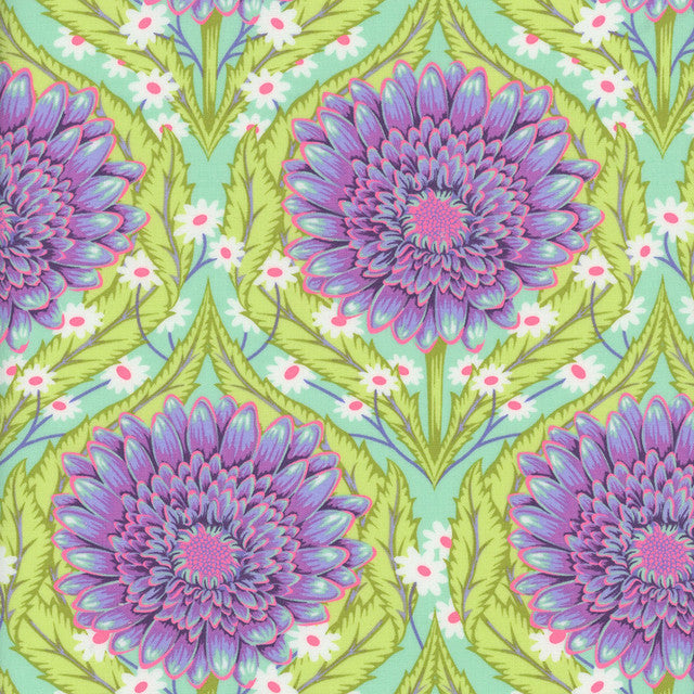 Floral fabric with large purple-pink daisies, small white blooms, and green leaves