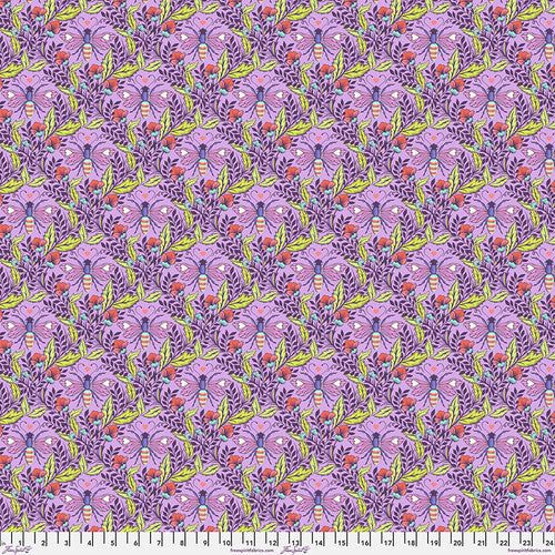 Purple floral butterfly cotton fabric with vines and small blossoms, repeating pattern