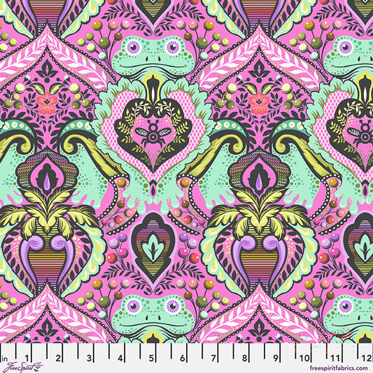 Tula Pink Prince Charming Deja Vu Frog Prince fabric in Gumball pink with royal frog motifs