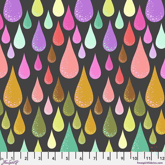 Tula Pink Prince Charming Deja Vu Dew Drops fabric in Licorice black with rainbow raindrops