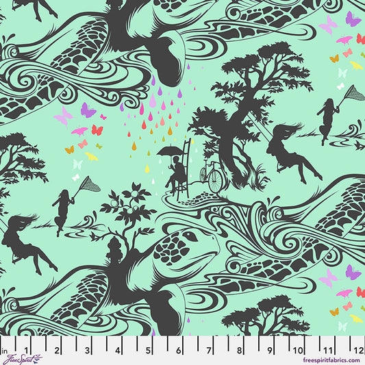 Tula Pink Prince Charming Deja Vu Turtle Bay fabric in Sweetmint green with stacked turtles