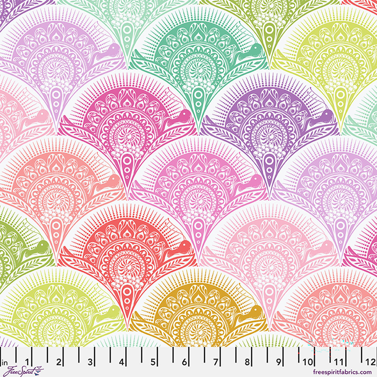 Tula Pink Prince Charming Deja Vu Snail Scallop fabric in Sugarrush rainbow colorway