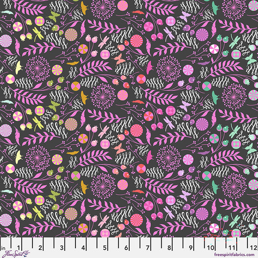 Tula Pink Prince Charming Deja Vu Dandelion fabric in Licorice black with rainbow dandelion puffs
