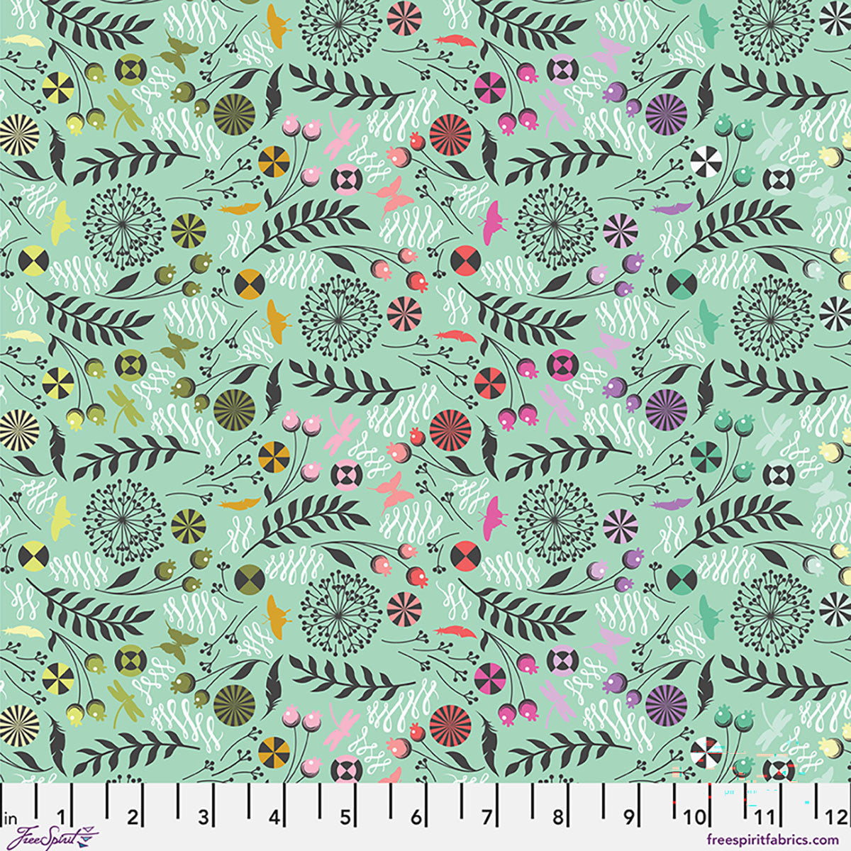 Tula Pink Prince Charming Deja Vu Dandelion fabric in Sweetmint green with dandelion puffs