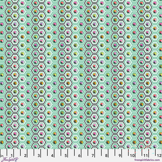Tula Pink Prince Charming Deja Vu Hex Box fabric in Sweetmint green geometric hexagons