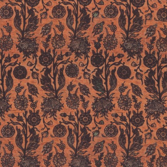 Gothic tapestry fabric with repeating orange and dark floral vine pattern