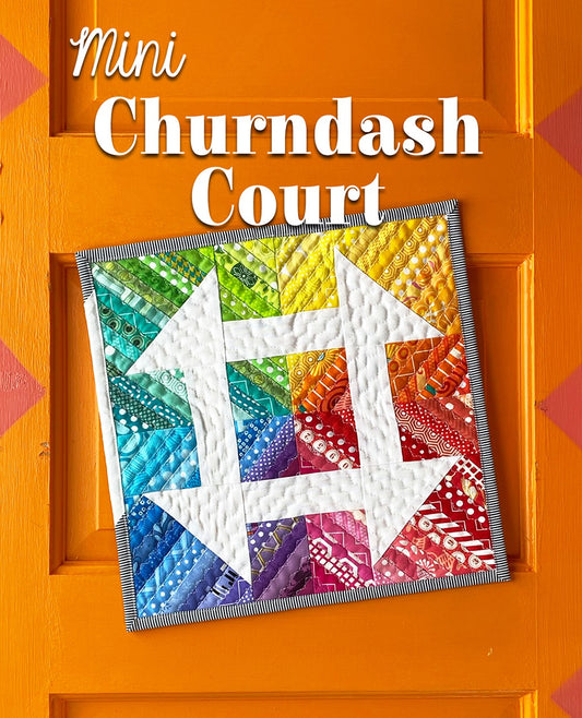 Mini Churndash Court quilt block pattern, white star with colorful patchwork triangles