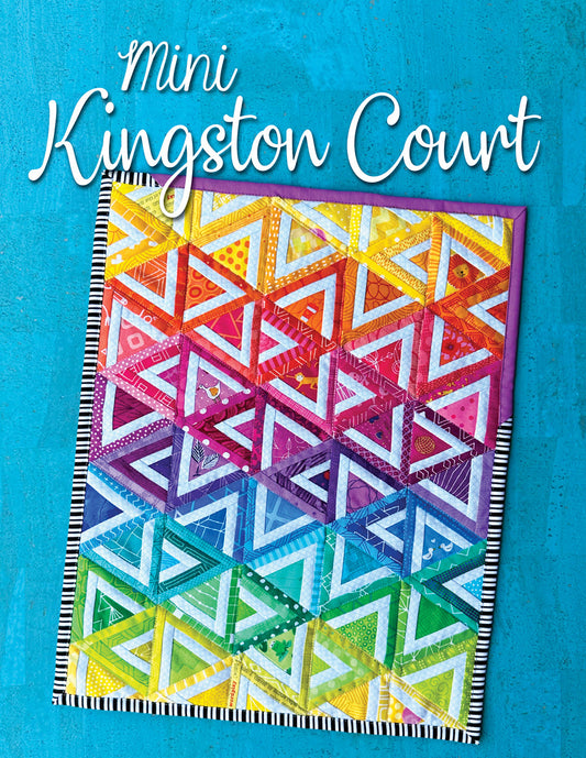 Mini quilt block pattern with multicolor court-style triangle patchwork and striped border