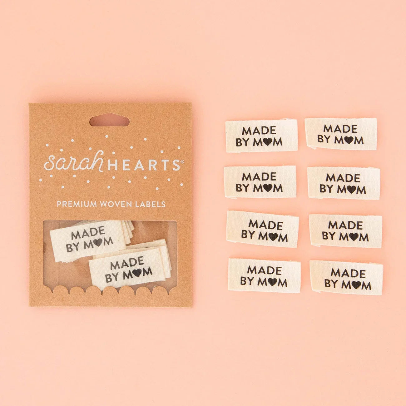 Organic cotton woven labels set with 'Made by Mom' white tags