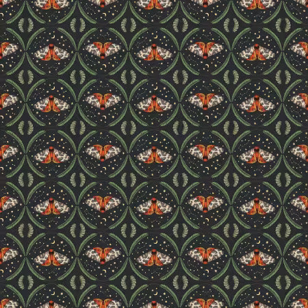 Dear Stella cotton fabric with repeating orange moths, green circular motifs, and small stars on dark ground