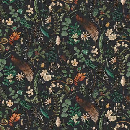 Midnight floral fabric with leafy vines, ferns, berries, and small cream flowers