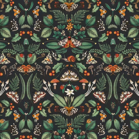 Midnight fabric with a repeating pattern of moths, mushrooms, leaves, and flowers