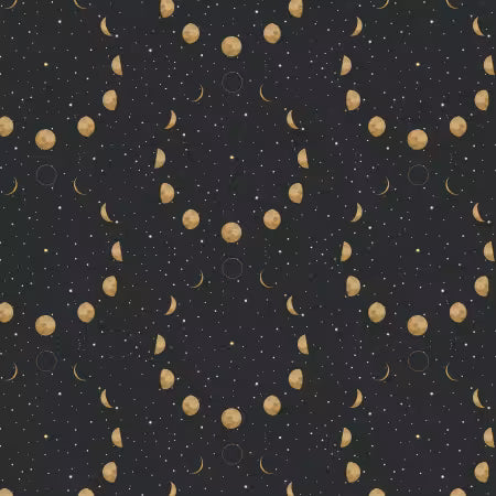 Dear Stella Moth to a Flame Midnight fabric with gold moons, moths, and tiny stars on dark ground