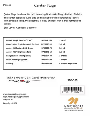 Center Stage quilt pattern sheet with fabric requirements, skill level and pattern details