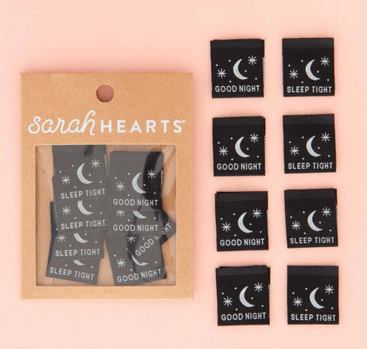 Glow-in-the-dark woven label set with black fabric, moon icons, Good Night/Sleep Tight
