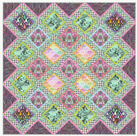 Colorful patchwork quilt featuring geometric diamond patterns and floral cotton fabrics.