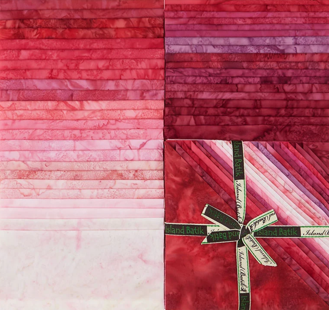 10-inch batik fabric squares bundle, pink and burgundy striped prints, 42pc