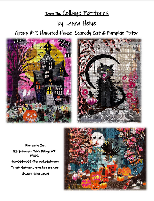 Teeny Tiny Collage Patterns Group 13: Haunted House, Scaredy Cat and Pumpkin Patch by Laura Heine FiberWorks