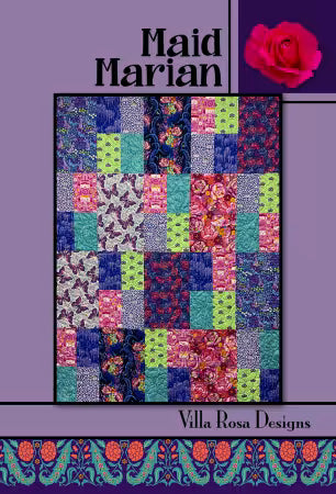 Maid Marian quilt pattern: multicolor patchwork squares with blue, red, green, pink accents.