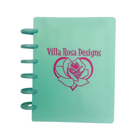 Teal discbound storage binder with Villa Rosa Designs logo and pink rose graphic