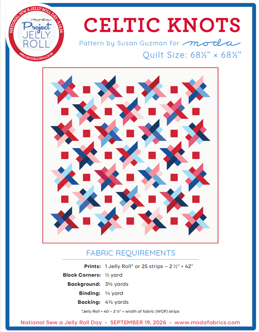 Celtic Knots quilt fabric jelly roll pack featuring knot block design diagram