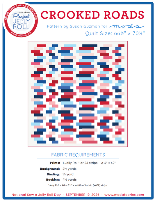 Crooked Roads quilt jelly roll pattern packaging with multicolor fabric strip layout