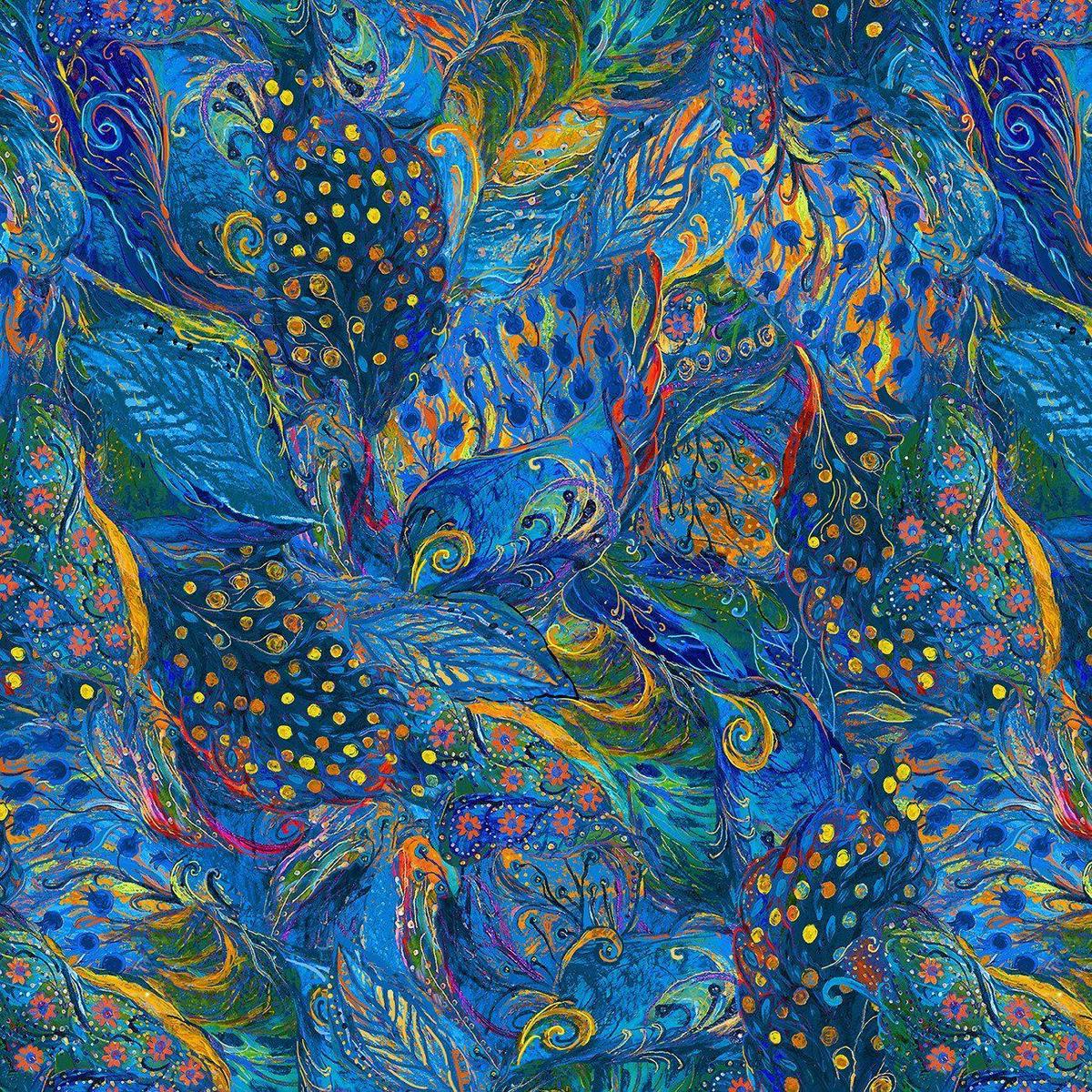 Remnant 28" Painted Peacocks Blue from Timeless Treasures Sold by the Half Yard