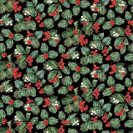 Black Holly & Berries w/Metallic # CM10916-BLAC Sold by the Half Yard