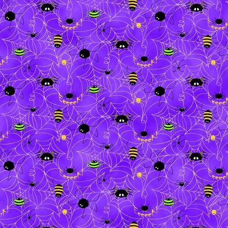 Violet Halloween themed cotton fabric with black spiders, webs, and green-yellow bees