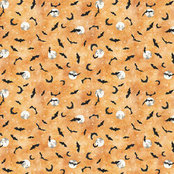 Cotton quilting fabric in light rust with scattered black bat silhouettes