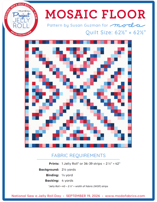 Mosaic Floor quilt pattern card with blue, red, and white geometric design