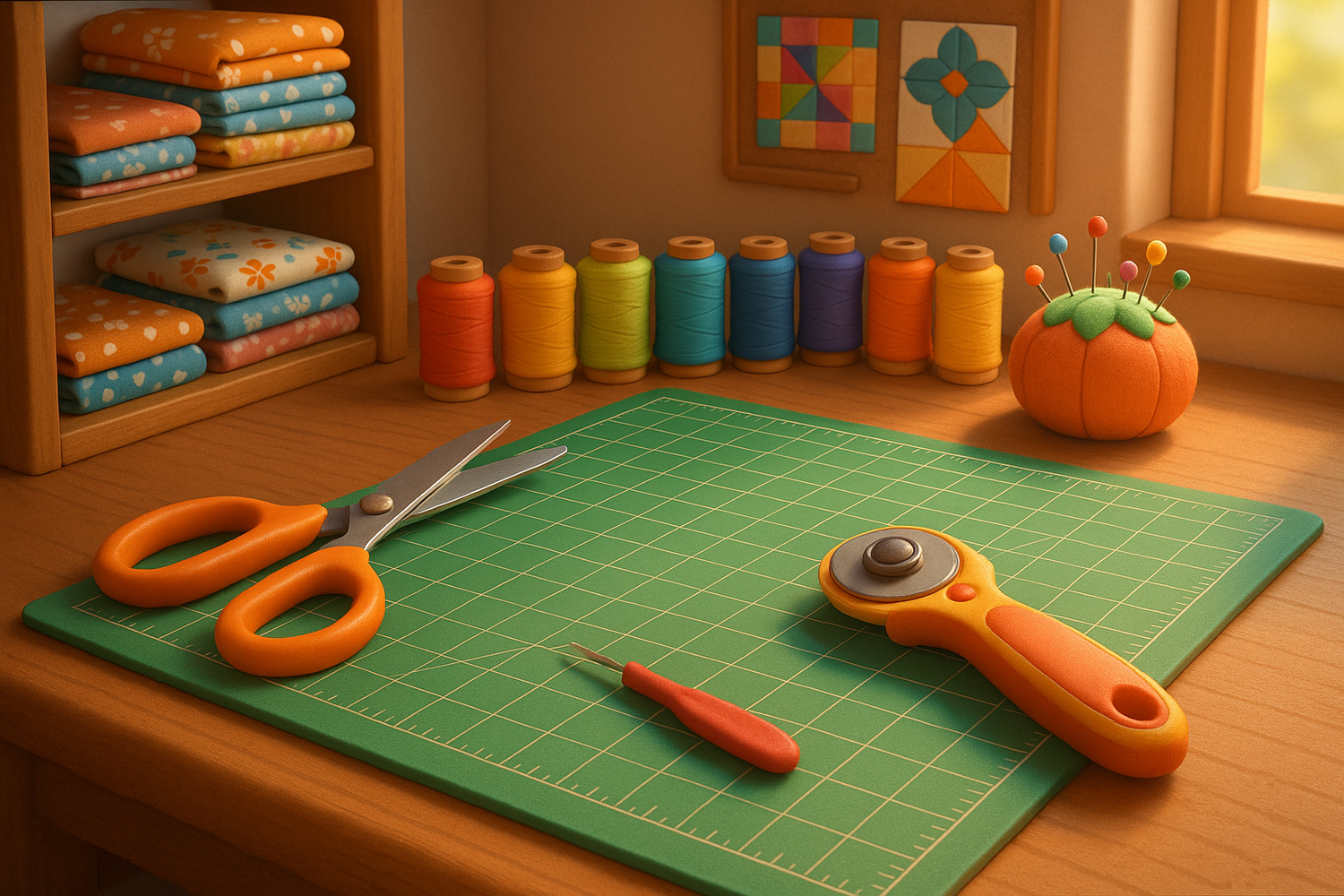 organized quilter's sewing area with a cutting mat, scissors, thread, seam ripper and rotary cutter in a cute pixar style