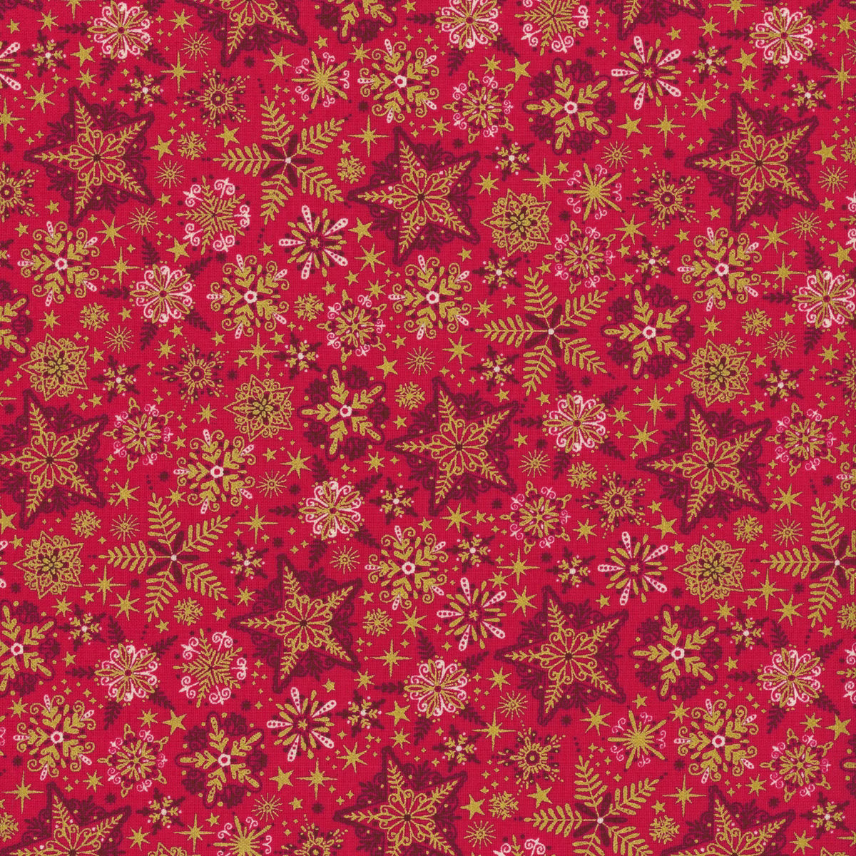 Red holiday fabric with gold and pink snowflake pattern
