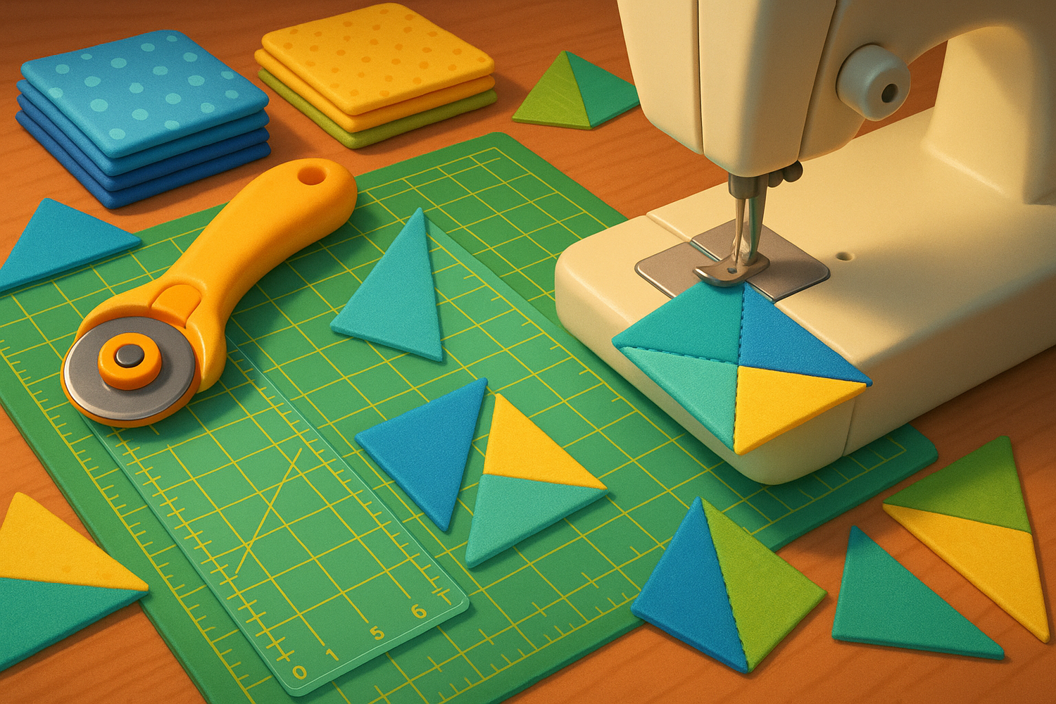 pixar style image of making a half-square triangle to use in a quilt