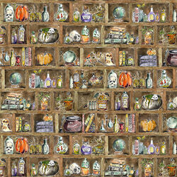Witch-themed fabric yardage with books, skulls, and potion bottles on dark caramel background